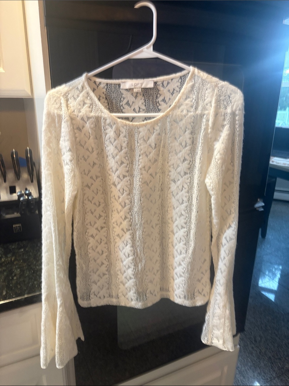 LOFT Ivory Lace Knit Long Sleeve Top